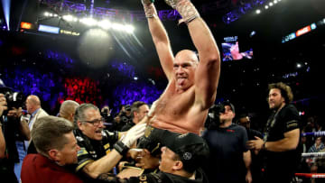 LAS VEGAS, NEVADA - FEBRUARY 22: Tyson Fury celebrates his win by TKO in the seventh round against Deontay Wilder in the Heavyweight bout for Wilder's WBC and Fury's lineal heavyweight title on February 22, 2020 at MGM Grand Garden Arena in Las Vegas, Nevada. (Photo by Al Bello/Getty Images)