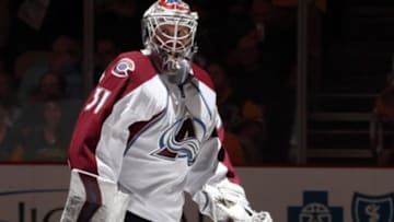 Oct 17, 2016; Pittsburgh, PA, USA; Colorado Avalanche goalie Calvin Pickard (31) takes the ice against the Pittsburgh Penguins during the first period at the PPG Paints Arena. Mandatory Credit: Charles LeClaire-USA TODAY Sports