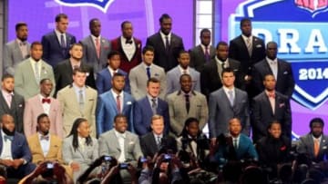 May 8, 2014; New York, NY, USA; All thirty prospects pose for a photo with NFL commissioner Roger Goodell before the start of the 2014 NFL draft at Radio City Music Hall. Mandatory Credit: Brad Penner-USA TODAY Sports