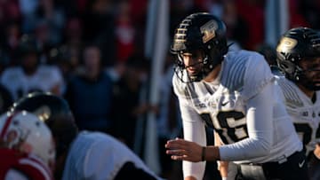 Oct 30, 2021; Lincoln, Nebraska, USA; Purdue Boilermakers quarterback Aidan O'Connell (16) waits for the snap during the third quarter against the Nebraska Cornhuskers at Memorial Stadium. Mandatory Credit: Dylan Widger-USA TODAY Sports