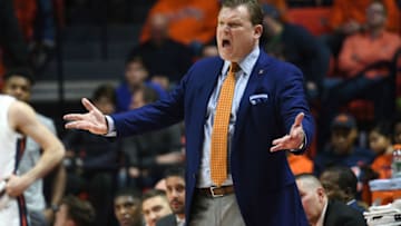 CHAMPAIGN, IL - DECEMBER 29: Illinois Fighting Illini Head Coach Brad Underwood shouts across the court during the college basketball game between the Florida Atlantic University Owls and the Illinois Fighting Illini on December 29, 2018, at the State Farm Center in Champaign, Illinois. (Photo by Michael Allio/Icon Sportswire via Getty Images)