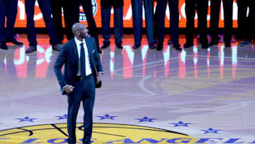 LOS ANGELES, CA - DECEMBER 18: Kobe Bryant looks up at the rafters at halftime as both his #8 and #24 Los Angeles Lakers jerseys are retired at Staples Center on December 18, 2017 in Los Angeles, California. NOTE TO USER: User expressly acknowledges and agrees that, by downloading and or using this photograph, User is consenting to the terms and conditions of the Getty Images License Agreement. (Photo by Maxx Wolfson/Getty Images)