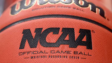 COLLEGE PARK, MD - DECEMBER 31: A view of the NCAA logo on a basketball before the game between the Maryland Terrapins and the Michigan Wolverines at the Xfinity Center on December 31, 2020 in College Park, Maryland. (Photo by G Fiume/Maryland Terrapins/Getty Images)