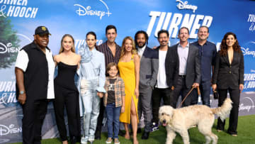 LOS ANGELES, CALIFORNIA - JULY 15: (L-R) Reginald VelJohnson, Becca Tobin, Lyndsy Fonseca, Josh Peck, Jeremy Maguire, Vanessa Lengies, Brandon Jay McLaren, Anthony Ruivivar, Matt Nix, Michael Horowitz, and Cristina Rosato attend the Disney+ "Turner & Hooch" Premiere at Westfield Century City Mall on July 15, 2021 in Los Angeles, California. (Photo by Matt Winkelmeyer/Getty Images)