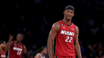 NEW YORK, NEW YORK - APRIL 30: Jimmy Butler #22 of the Miami Heat reacts late in the fourth quarter during game one of the Eastern Conference Semifinals against the New York Knicks at Madison Square Garden on April 30, 2023 in New York City. The Miami Heat defeated the New York Knicks 108-101. NOTE TO USER: User expressly acknowledges and agrees that, by downloading and or using this photograph, User is consenting to the terms and conditions of the Getty Images License Agreement. (Photo by Elsa/Getty Images)