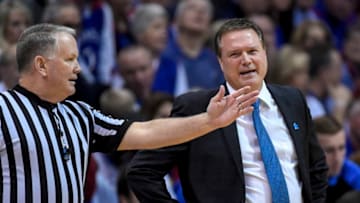 LAWRENCE, KS - FEBRUARY 04: Head coach Bill Self of the Kansas Jayhawks discusses a call with a referee on February 4, 2017 at Allen Field House in Lawrence, Kansas. (Photo by Reed Hoffmann/Getty Images)