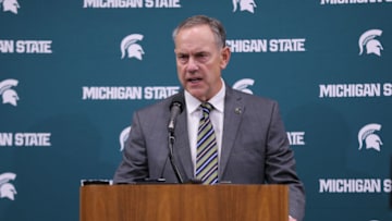 EAST LANSING, MI - JANUARY 26: Michigan State Spartans head football coach Mark Dantonio speaks to the media at a press conference before the Michigan State Spartans and Wisconsin Badgers basketball game at Breslin Center on January 26, 2018 in East Lansing, Michigan. Michigan State is facing criticism for its handling of sexual assault accusations on campus. (Photo by Rey Del Rio/Getty Images)