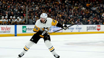 COLUMBUS, OH - FEBRUARY 27: Marcus Pettersson #28 of the Pittsburgh Penguins shoots the puck during the game against the Columbus Blue Jackets at Nationwide Arena on February 27, 2022 in Columbus, Ohio. (Photo by Kirk Irwin/Getty Images)
