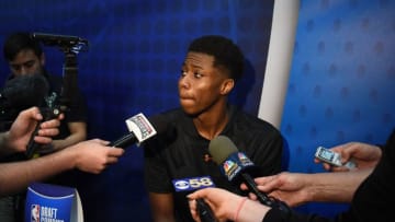 CHICAGO, IL - MAY 17: Kostas Antetokounmpo speaks with reporters during Day One of the NBA Draft Combine at Quest MultiSport Complex on May 17, 2018 in Chicago, Illinois. NOTE TO USER: User expressly acknowledges and agrees that, by downloading and or using this photograph, User is consenting to the terms and conditions of the Getty Images License Agreement. (Photo by Stacy Revere/Getty Images)