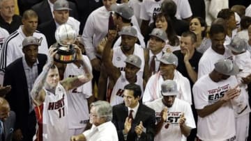 Jun 3, 2013; Miami, FL, USA; Miami Heat power forward Chris Andersen (11) holds the Eastern Conference trophy after game 7 of the 2013 NBA Eastern Conference Finals at American Airlines Arena. Miami Heat defeated the Indiana Pacers 99-76 to win the series 4 games to 3 . Mandatory Credit: Robert Mayer-USA TODAY Sports