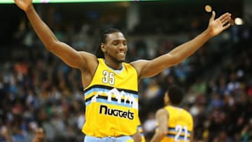Dec 28, 2016; Denver, CO, USA; Denver Nuggets forward Kenneth Faried (35) reacts during the second half against the Minnesota Timberwolves at Pepsi Center. The Nuggets won 105-103. Mandatory Credit: Chris Humphreys-USA TODAY Sports