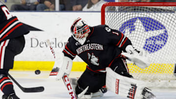LOWELL, MA - MARCH 3: Devon Levi #1 of the Northeastern Huskies makes a save against the UMass Lowell River Hawks during NCAA men's hockey at the Tsongas Center on March 3, 2023 in Lowell, Massachusetts. The River Hawks won 3-1. (Photo by Richard T Gagnon/Getty Images)