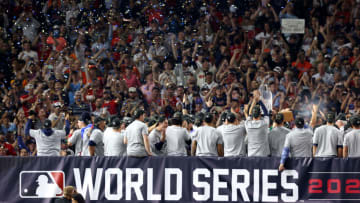 HOUSTON, TEXAS - NOVEMBER 02: The Atlanta Braves celebrate their 7-0 victory against the Houston Astros in Game Six to win the 2021 World Series at Minute Maid Park on November 02, 2021 in Houston, Texas. (Photo by Tom Pennington/Getty Images)