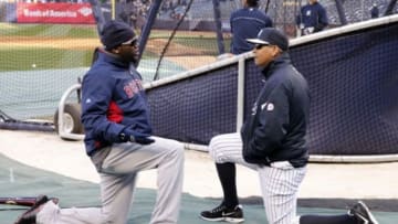 Apr 3, 2013; Bronx, NY, USA; New York Yankees infielder Alex Rodriguez (right) talks with Boston Red Sox designated hitter David Ortiz (left) before the game at Yankee Stadium. Mandatory Credit: William Perlman/THE STAR-LEDGER via USA TODAY Sports