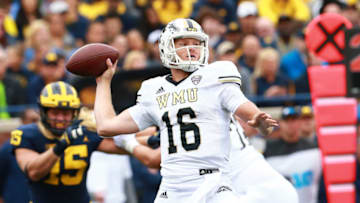 ANN ARBOR, MI - SEPTEMBER 08: Jon Wassink #16 of the Western Michigan Broncos throws the ball during the game against the Michigan Wolverines at Michigan Stadium on September 8, 2018 in Ann Arbor, Michigan. (Photo by Rey Del Rio/Getty Images)