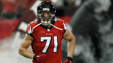Nov 30, 2014; Atlanta, GA, USA; Atlanta Falcons outside linebacker Kroy Biermann (71) runs on the field before a game against the Arizona Cardinals at the Georgia Dome. Mandatory Credit: Brett Davis-USA TODAY Sports