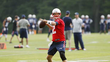 Jun 7, 2016; Foxborough, MA, USA; New England Patriots quarterback Tom Brady (12) throws during mini camp at Gillette Stadium. Mandatory Credit: Winslow Townson-USA TODAY Sports