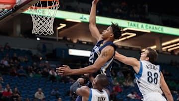Oct 19, 2016; Minneapolis, MN, USA; Memphis Grizzlies forward Deyonta Davis (23) shoots in the second quarter against the Minnesota Timberwolves forward Nemanja Bjelica (88) at Target Center. Mandatory Credit: Brad Rempel-USA TODAY Sports