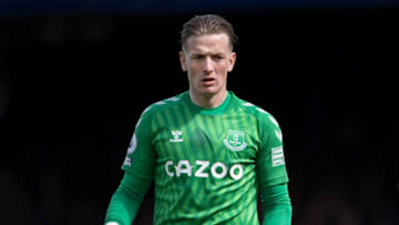 LIVERPOOL, ENGLAND - APRIL 09: Jordan Pickford of Everton during the Premier League match between Everton and Manchester United at Goodison Park on April 9, 2022 in Liverpool, United Kingdom. (Photo by Visionhaus/Getty Images)