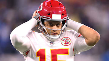 INGLEWOOD, CALIFORNIA - DECEMBER 16: Patrick Mahomes #15 of the Kansas City Chiefs reacts after an incompletion during a 34-28 win over the Los Angeles Chargers at SoFi Stadium on December 16, 2021 in Inglewood, California. (Photo by Harry How/Getty Images)