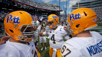 STATE COLLEGE, PA - SEPTEMBER 09: Max Browne #4 of the Pittsburgh Panthers huddles before taking the field against the Penn State Nittany Lions at Beaver Stadium on September 9, 2017 in State College, Pennsylvania. (Photo by Justin K. Aller/Getty Images)