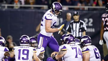CHICAGO, IL - OCTOBER 09: Kyle Rudolph #82 of the Minnesota Vikings celebrates after scoring against the Chicago Bears in the third quarter at Soldier Field on October 9, 2017 in Chicago, Illinois. (Photo by Joe Robbins/Getty Images)