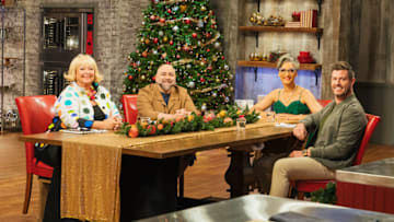 Judges Nancy Fuller, Duff Goldman, Carla Hall and Host Jesse Palmer, as seen on Holiday Baking Championship, Season 8. Photo provided by Food Network