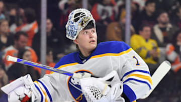 Apr 1, 2023; Philadelphia, Pennsylvania, USA; Buffalo Sabres goaltender Ukko-Pekka Luukkonen (1) against the Philadelphia Flyers at Wells Fargo Center. Mandatory Credit: Eric Hartline-USA TODAY Sports