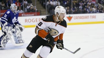 Mar 24, 2016; Toronto, Ontario, CAN; Anaheim Ducks forward Jamie McGinn (88) follows the play against the Toronto Maple Leafs during the first period at the Air Canada Centre. Mandatory Credit: John E. Sokolowski-USA TODAY Sports