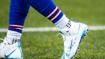 ORCHARD PARK, NY - DECEMBER 09: Detail view of custom cleats worn by Lorenzo Alexander #57 of the Buffalo Bills during the second half against the New York Jets at New Era Field on December 9, 2018 in Orchard Park, New York. New York defeats Buffalo 27-23. (Photo by Brett Carlsen/Getty Images)