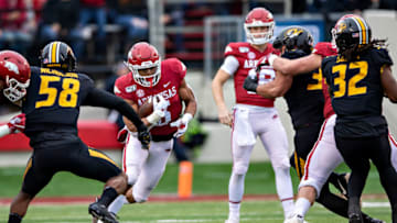 LITTLE ROCK, AR - NOVEMBER 29: Rakeem Boyd #5 of the Arkansas Razorbacks runs the ball during a game against the Missouri Tigers at War Memorial Stadium on November 29, 2019 in Little Rock, Arkansas The Tigers defeated the Razorbacks 24-14. (Photo by Wesley Hitt/Getty Images)