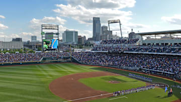 Omaha, NE - JUNE 26: A general view of the stadium during the National Anthem of game one of the College World Series Championship Series between the LSU Tigers and the Florida Gators on June 26, 2017 at TD Ameritrade Park in Omaha, Nebraska. (Photo by Peter Aiken/Getty Images)