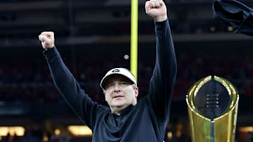 Head coach Kirby Smart of the Georgia Bulldogs celebrates after the Georgia Bulldogs defeated the Alabama Crimson Tide 33-18 in the 2022 CFP National Championship Game. (Photo by Kevin C. Cox/Getty Images)