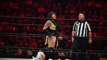 WASHINGTON, DC - OCTOBER 2: Nyla Rose, in black, a transgender woman, competes against female wrester Riho, in white, in the All Elite Wrestling Womens World Championship at the Capitol One Arena in Washington, D.C., October 2, 2019. Rose fights a cis-gender woman. At the end Riho defeated Rose. (Astrid Riecken For The Washington Post via Getty Images)