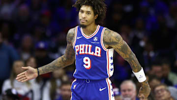 PHILADELPHIA, PENNSYLVANIA - NOVEMBER 02: Kelly Oubre Jr. #9 of the Philadelphia 76ers reacts during the second quarter against the Toronto Raptors at the Wells Fargo Center on November 02, 2023 in Philadelphia, Pennsylvania. NOTE TO USER: User expressly acknowledges and agrees that, by downloading and or using this photograph, User is consenting to the terms and conditions of the Getty Images License Agreement. (Photo by Tim Nwachukwu/Getty Images)