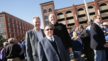 TERRE HAUTE - NOVEMBER 9: Former NBA legends Larry Bird and Bill Walton pose for a picture with Indiana Pacers owner Herbert Simon during the unveiling of the Larry Bird statue at the Hulman Center on the campus of Indiana State University on November 9, 2013 in Terre Haute, Indiana. NOTE TO USER: User expressly acknowledges and agrees that, by downloading and or using this Photograph, user is consenting to the terms and condition of the Getty Images License Agreement. Mandatory Copyright Notice: 2013 NBAE (Photo by Ron Hoskins/NBAE via Getty Images)