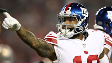 SANTA CLARA, CA - NOVEMBER 12: Odell Beckham #13 of the New York Giants celebrates after scoring on a 10-yard pass against the San Francisco 49ers during their NFL game at Levi's Stadium on November 12, 2018 in Santa Clara, California. (Photo by Ezra Shaw/Getty Images)