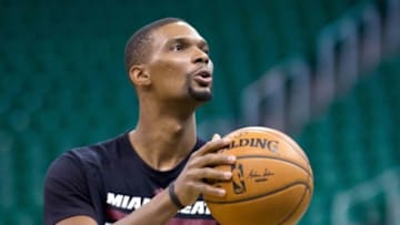 Jan 9, 2016; Salt Lake City, UT, USA; Miami Heat forward Chris Bosh (1) warms up prior to the game against the Utah Jazz at Vivint Smart Home Arena. Mandatory Credit: Russ Isabella-USA TODAY Sports