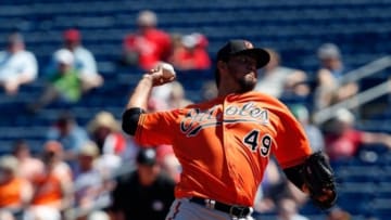 Mar 9, 2016; Clearwater, FL, USA; Baltimore Orioles starting pitcher Yovani Gallardo (49) pitches against the Philadelphia Phillies during the first inning at Bright House Field. Mandatory Credit: Butch Dill-USA TODAY Sports