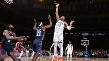 NEW YORK, NY - MARCH 20: Donovan Mitchell #45 of the Utah Jazz shoots the ball against the New York Knicks on March 20, 2019 at Madison Square Garden in New York City, New York. NOTE TO USER: User expressly acknowledges and agrees that, by downloading and or using this photograph, User is consenting to the terms and conditions of the Getty Images License Agreement. Mandatory Copyright Notice: Copyright 2019 NBAE (Photo by Nathaniel S. Butler/NBAE via Getty Images)
