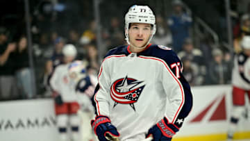 Apr 16, 2022; Los Angeles, California, USA; Columbus Blue Jackets defenseman Nick Blankenburg (77) warms up before a game against the Los Angeles Kings at Crypto.com Arena. Mandatory Credit: Jayne Kamin-Oncea-USA TODAY Sports