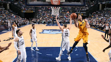 MEMPHIS, TN - MARCH 9: Rudy Gobert #27 of the Utah Jazz goes to the basket against the Memphis Grizzlies on March 9, 2018 at FedExForum in Memphis, Tennessee. NOTE TO USER: User expressly acknowledges and agrees that, by downloading and or using this photograph, User is consenting to the terms and conditions of the Getty Images License Agreement. Mandatory Copyright Notice: Copyright 2018 NBAE (Photo by Joe Murphy/NBAE via Getty Images)