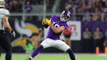 MINNEAPOLIS, MN - SEPTEMBER 11: Adam Thielen #19 of the Minnesota Vikings catches the ball in the second half of the game against the New Orleans Saints on September 11, 2017 at U.S. Bank Stadium in Minneapolis, Minnesota. (Photo by Adam Bettcher/Getty Images)