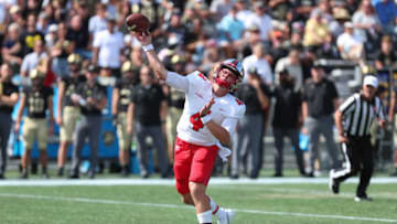 WEST POINT, NY - SEPTEMBER 11: Bailey Zappe #4 of the Western Kentucky Hilltoppers throws a long pass against the Army Black Knights at Michie Stadium on September 11, 2021 in West Point, New York. (Photo by Edward Diller/Getty Images)