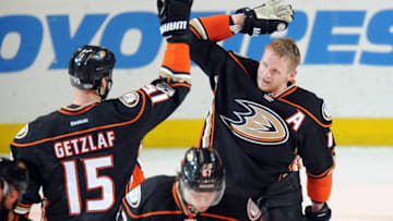 ANAHEIM, CA - MAY 05: Anaheim Ducks rightwing Corey Perry (10) with captain Ryan Getzlaf (15) after Perry scored the game winning goal in the second overtime period to defeat the Edmonton Oilers 4 to 3 in game 5 of the second round of the 2017 Stanley Cup Playoffs played on May 5, 2017 at the Honda Center in Anaheim, CA. (Photo by John Cordes/Icon Sportswire via Getty Images)