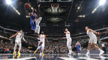 INDIANAPOLIS, IN - FEBRUARY 11: Emmanuel Mudiay #1 of the New York Knicks passes the ball against the Indiana Pacers on February 11, 2018 at Bankers Life Fieldhouse in Indianapolis, Indiana. Copyright 2018 NBAE (Photo by Ron Hoskins/NBAE via Getty Images)