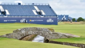 Jul 18, 2015; St Andrews, GBR; Grandstands remain empty as plays is suspended due to high winds during The 144rd Open Championship - Third Round at The Royal & Ancient Golf Club of St Andrews - Old Course. Mandatory Credit: Steve Flynn-USA TODAY Sports