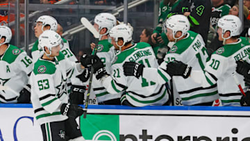 Mar 16, 2023; Edmonton, Alberta, CAN; The Dallas Stars celebrate a goal by forward Wyatt Johnson (53) during the third period against the Edmonton Oilers at Rogers Place. Mandatory Credit: Perry Nelson-USA TODAY Sports