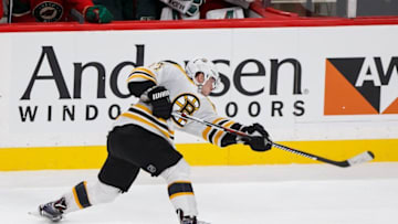 Nov 17, 2016; Saint Paul, MN, USA; Boston Bruins defenseman Torey Krug (47) shoots in the third period against the Minnesota Wild at Xcel Energy Center. The Minnesota Wild beat the Boston Bruins 1-0. Mandatory Credit: Brad Rempel-USA TODAY Sports