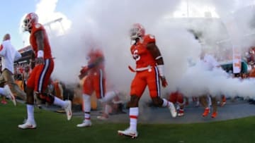 Dec 31, 2015; Miami Gardens, FL, USA; The Clemson Tigers run out for the start of the 2015 CFP Semifinal against the Oklahoma Sooners at the Orange Bowl at Sun Life Stadium. Mandatory Credit: Kim Klement-USA TODAY Sports